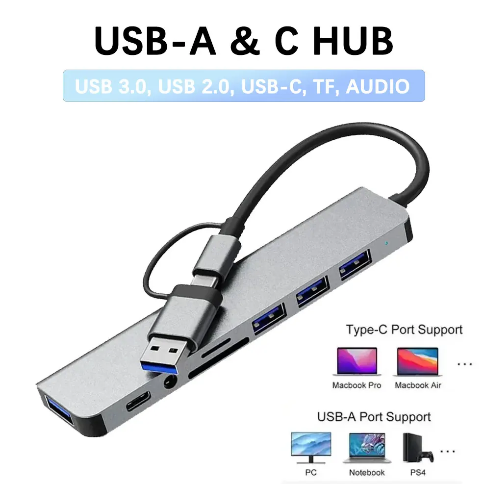 

Док-станция-концентратор USB C 8 в 2, концентратор типа C с адаптером аудиоразъема 3,5 мм, устройство чтения карт SD/TF для ноутбука Macbook