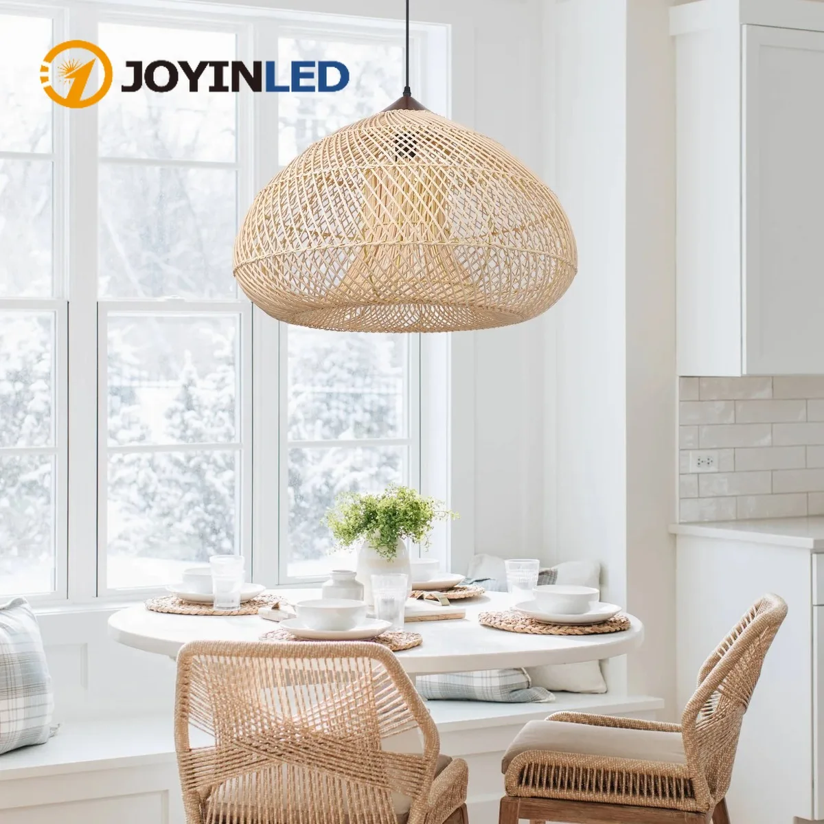 

JOYINLED E27 Rattan Chandelier 60/80cm Handmade Pendant Light Adjustable 150cm Cable for Bedroom Dining Room Cafe Lighting Lamp
