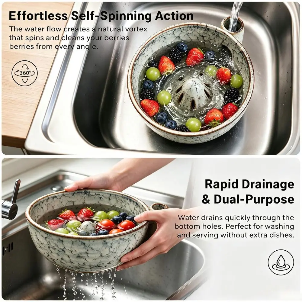 Auto Swirl Ceramic Swirling Berry Bowl Vintage 360 Degree Rotating Fruit Washing Bowl Non-slip Easy Clean Berry Rinse Basin