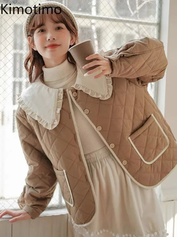 Kimotimo Parkas Coats Women 2024 Autumn Winter Sweet Ruffle Peter Pan Collar Color Contrast Jackets Vintage Loose Fashion Tops