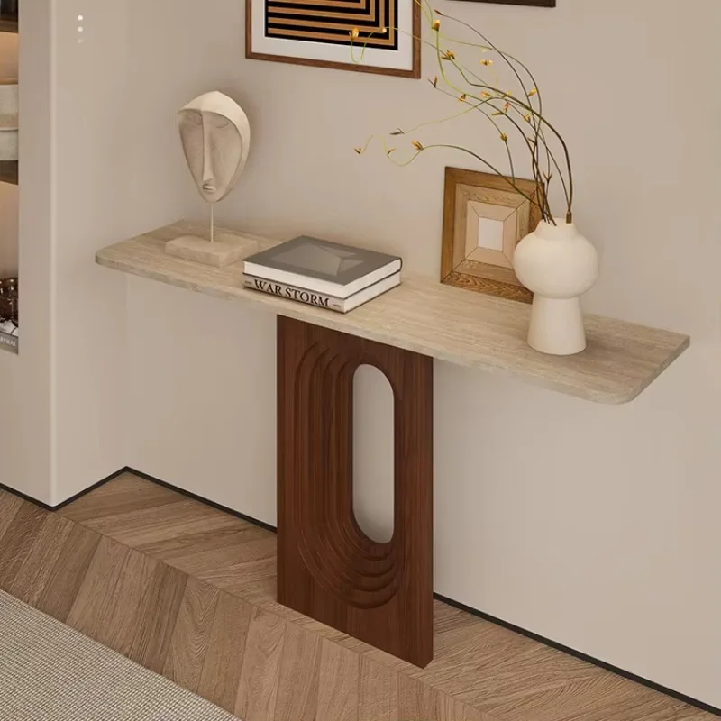 Living Room Furniture Narrow Long Bege Travertine Stacked Base Rectangular Marble Table Modern Console Table