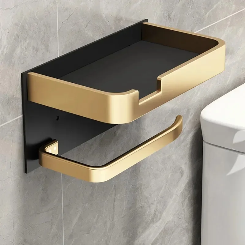 Black Gold Wall Mount Toilet Paper Holder, Multifunctional Bathroom Rack With Phone & Towel Storage Shelf for Restroom