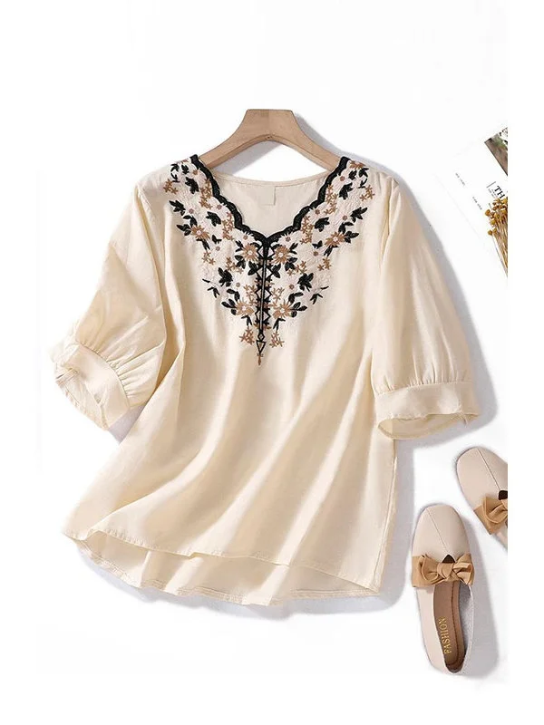 Ele V-Ne ort Sve Ricamato Lino Cotone irt Donna Estate Casual Vestibilità ampia Stampato irt Protezione UV