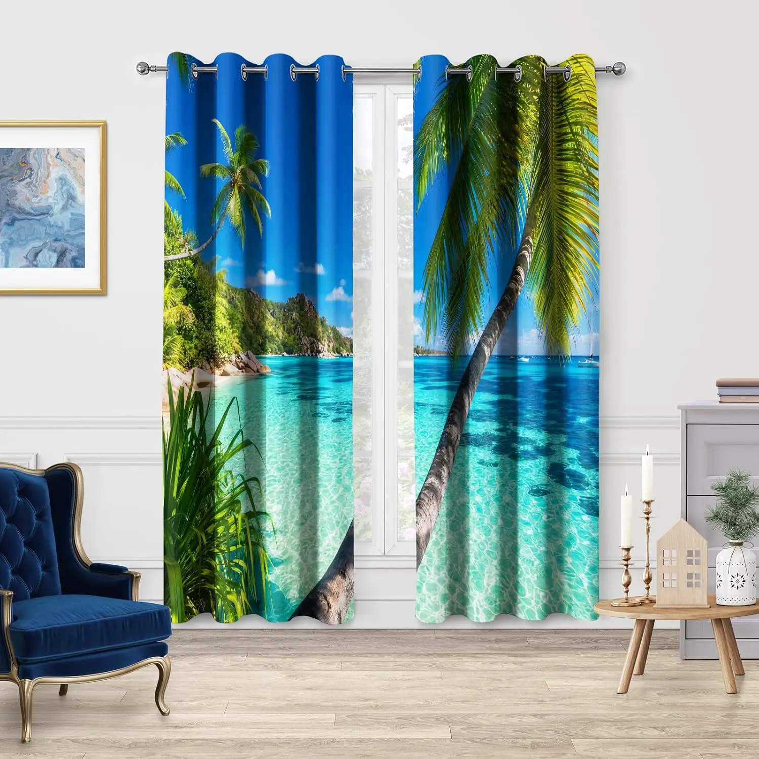 Tropical Beach Ocean View Palm Tree Curtains Polyester Waterproof Window Shower Curtain Tropical Home Decor