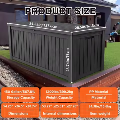 150 Gallon Lockable Resin Deck Box, Waterproof &amp; UV-Resistant Outdoor Storage Box for Cushion Storage and Delivery, Black