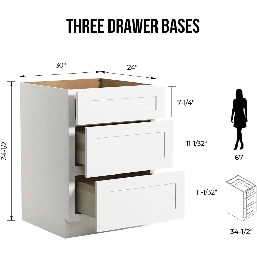 خزانة بأدراج بقاعدة Shaker RTA، 3 أدراج من الخشب الصلب للمطبخ (أبيض، عرض 30 بوصة × عمق 24 بوصة × ارتفاع 34-1/2 بوصة)