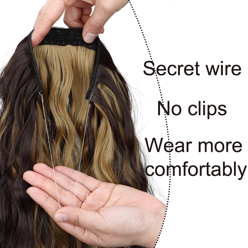 18Inch Synthetic Fishing Line Hair Extension Black Blonde One Piece Long Wave Curly Invisible Fake Hairpiece for Women image 4