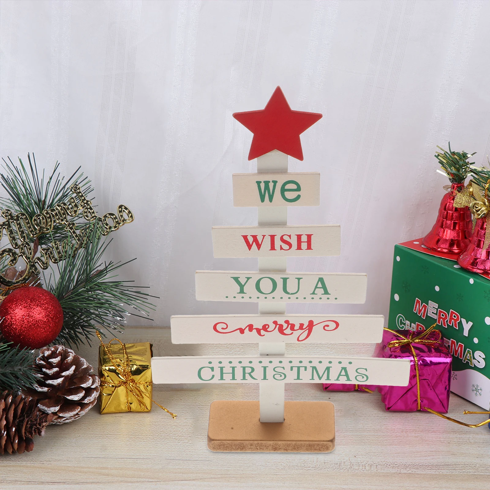 

Elegant Mini Wooden Christmas Tree nament Shining Pentagram Blessing Letter Home Decor DIY Table Christmas Party