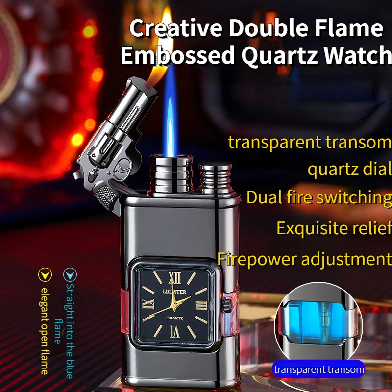 Best-selling Men\'s Double Fire Embossed Watch Lighter Creative Metal Inflatable Back Visible Air Chamber Gift Cigarette Lighter