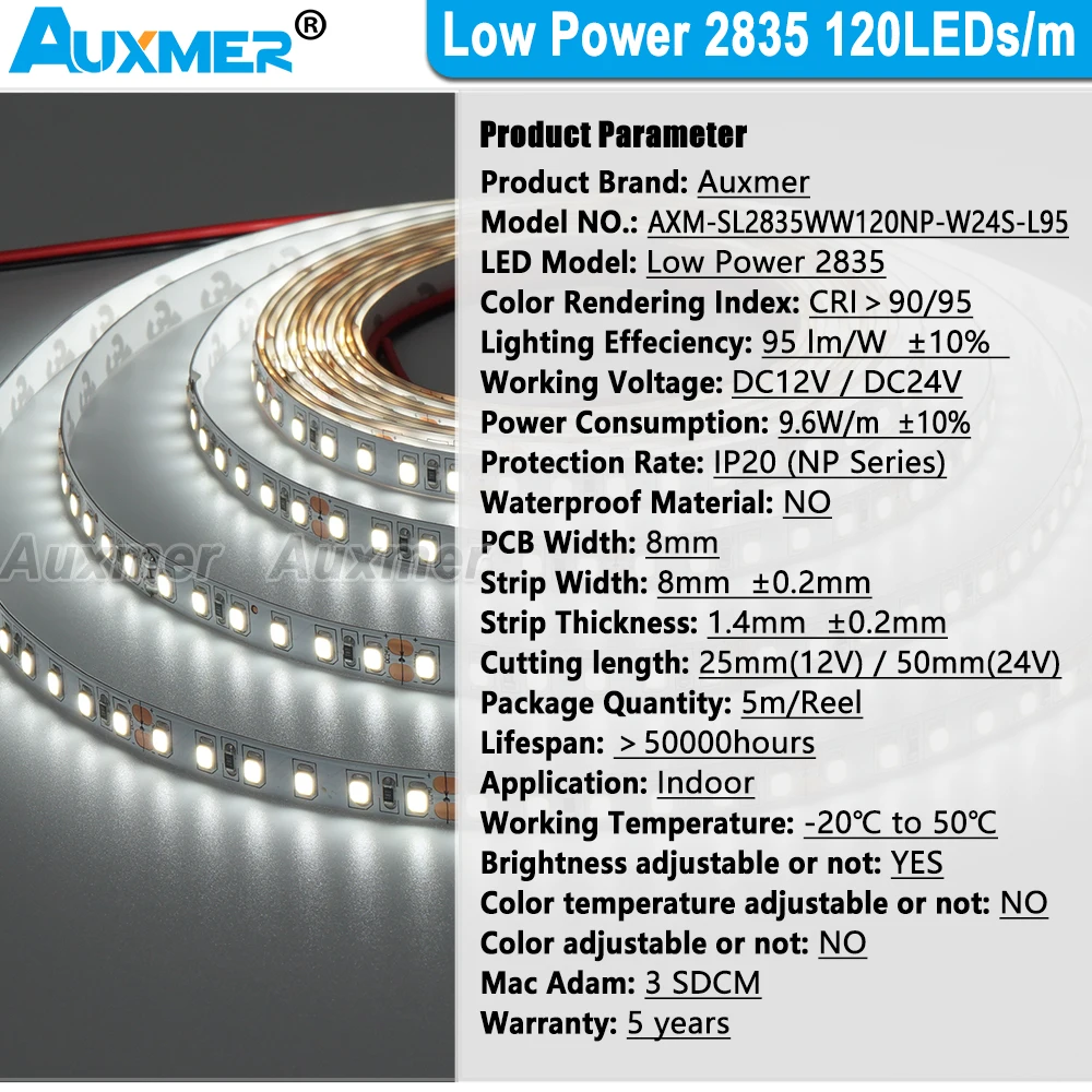 Low Power 2835 120LEDs/m LED Strip Lights,9.6W/m CRI95/90 2200K~10000K White Flexible Led Tape IP20 DC12V/24V Home Lighting 5m