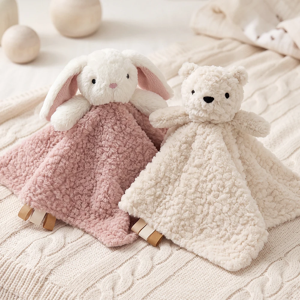 Soft Rose Fleece Bunny Baby Lovey Security Blanket Newborns Sensory Tags Plush Toy Washable Comfort Soft baby Comfort Toys Gifts