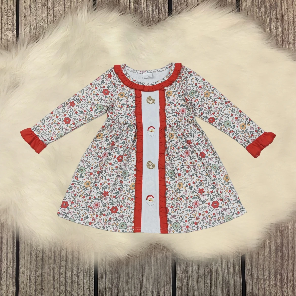 

Baby Kids Children Dress Long Sleeves Embroidery Santa Floral Dress Infant Girls Dresses Toddler Christmas Clothing Wholesale