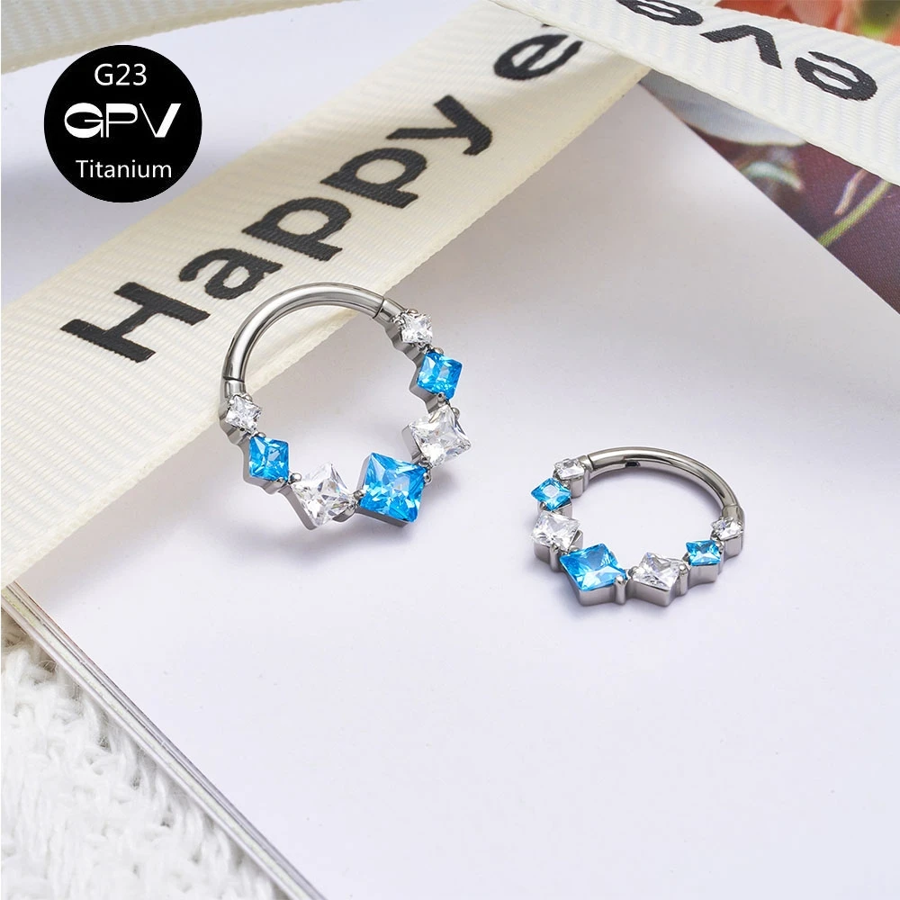G23 F136 Titanium Nasal Diaphragm Ring Square Luxury Zircon Punk Men\'s and Women\'s Perforated Jewelry Nose Ring Earrings
