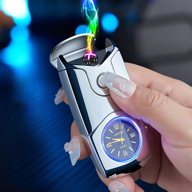 Creative Colorful Lights Watch Smart Dual Arc Rechargeable Lighter Creative Metal Windproof Cigarette Lighter，gift for man