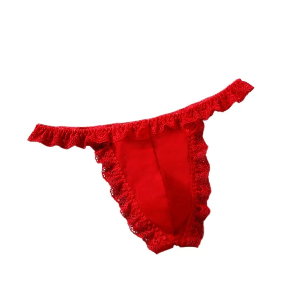 Comfortable Low Waist Men's Lace Thongs Underpants Thin Men's Mesh Lace Panties Ruffle Belt T-back Male Briefs Summer