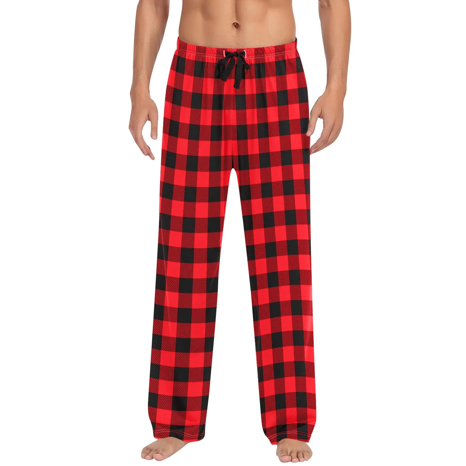 Men Home Casual Pants Soild Color And Plaid Printed Full Length Pants Full Seasons Fashion All-Match Drawstring Pajama Trousers