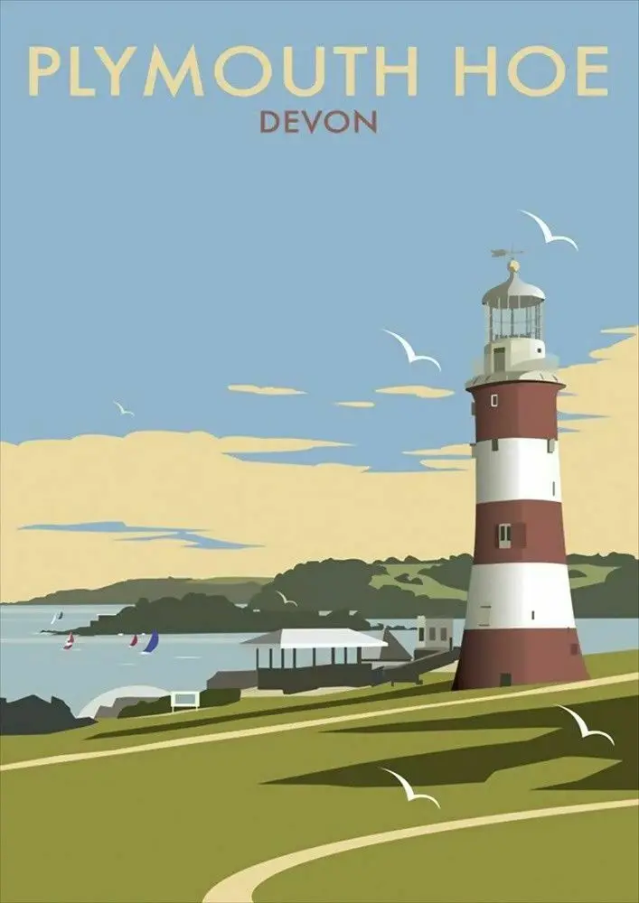 

Plymouth Hoe Devon Lighthouse Vintage Photo, Art Film Print Canvas Poster, for Your Home Wall Decor