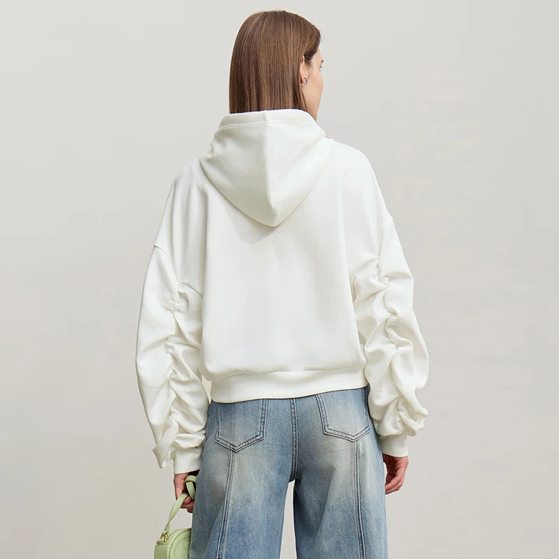 Amii Woman Sweatshirts 2026 Autumn New Air Layer Hooded Sweater Embroidered Pleated Long Sleeve Casual Pullover Top 12641023