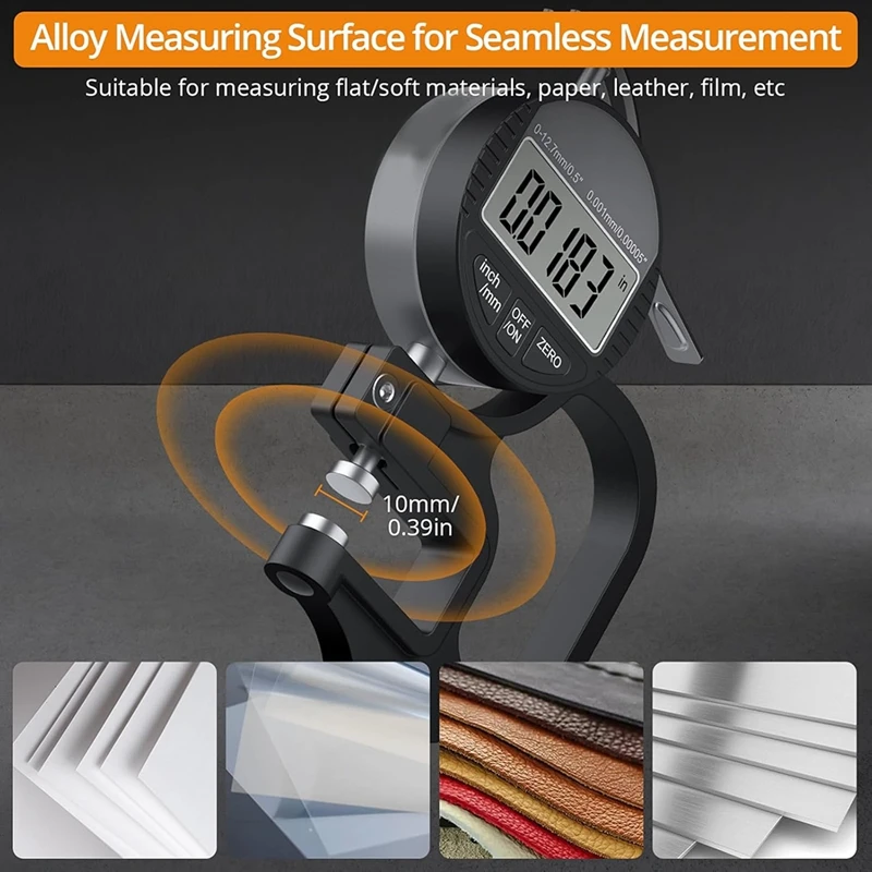 B62B Digital Thickness Gauge 0.5inch/12.7mm 0.00005inch/0.001mm LCD Display Inch/mm Conversion for Leather Paper