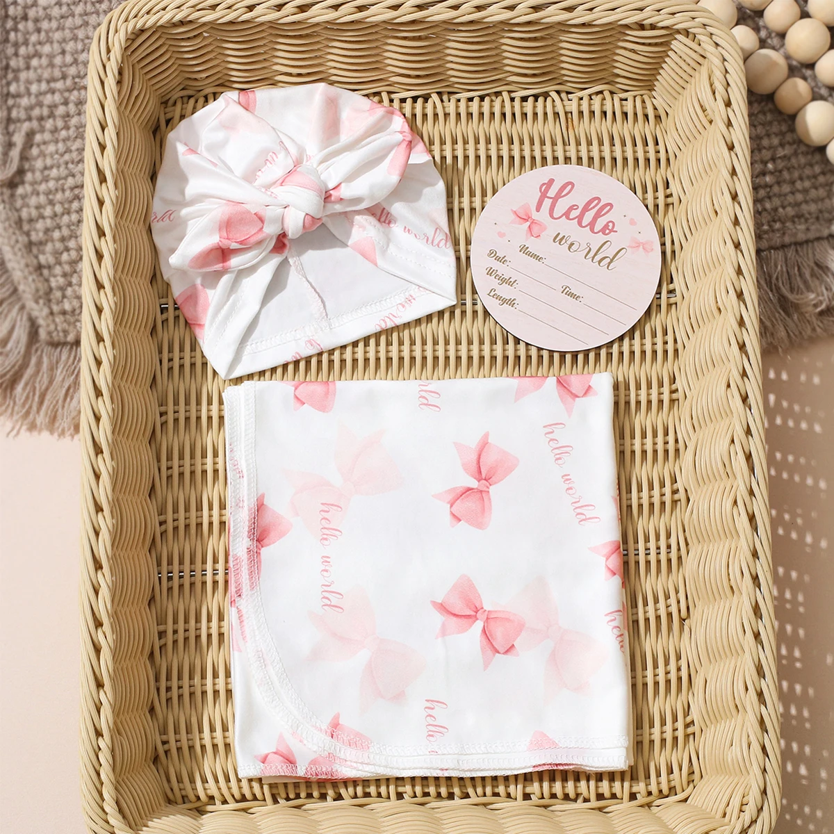 Newborn Baby Girl Swaddle Wrap Set Hello Bow Print Cotton Blanket + Bow Hat + Birth Announcement Card Infant Photoshoot Props