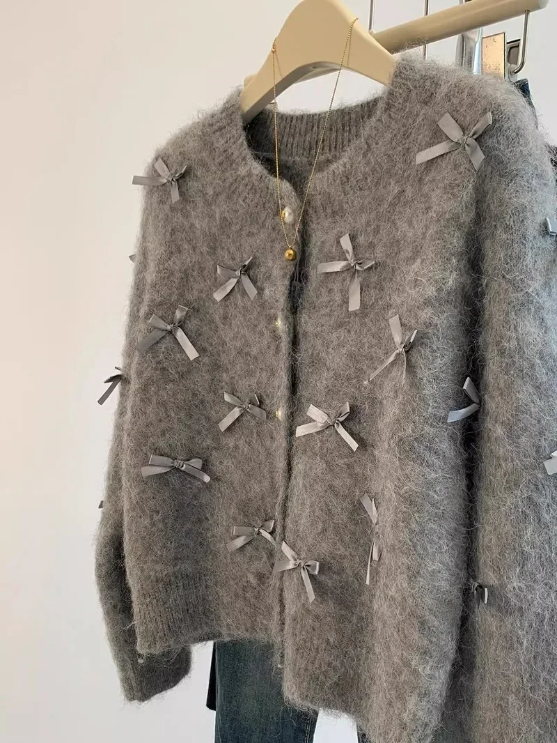 Grey Bow Sweater 2024 Autumn Winter Women Temperament High Soft Mohair Knitted Cardigan Fragrant Coat Casual Tops Korean