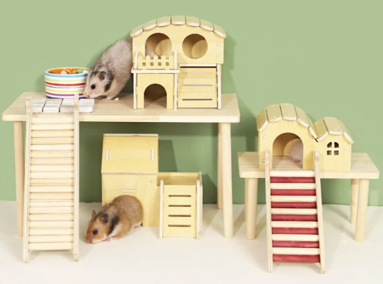 Hamster solid wood small house cottage sleeping nest seesaw gold wire bear double-storey villa hamster toy supplies