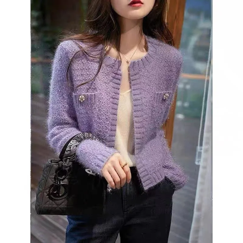 Purple Stylish Elegant Sweater Cardigan Women Beading Long Sleeve O-neck Knitwear Tops Fashion Chic Workwear Ladies Jumpers 2023