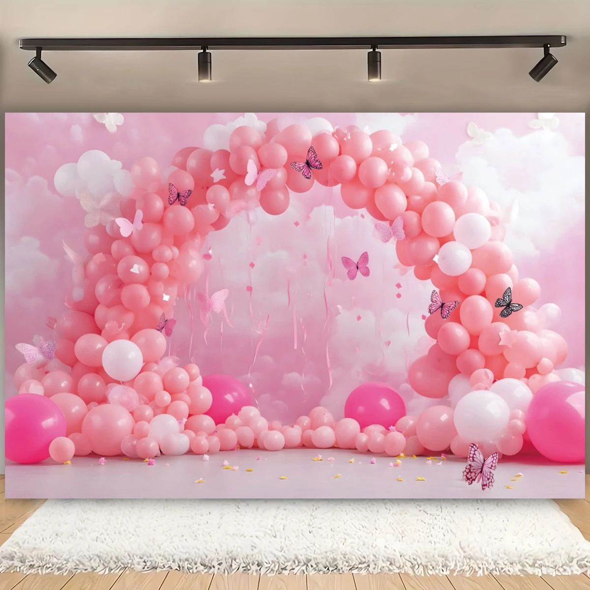 

Pink Balloon Arch Backdrop Butterflies Kids Birthday Elegant Romantic Wedding Portrait Photography Background Photo Booth Prop