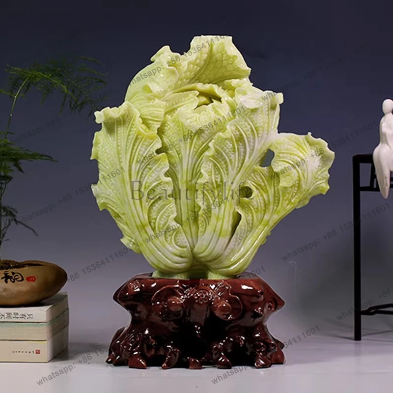 Jade cabbage ornament natural rough stone carving Chinese office housewarming opening gift