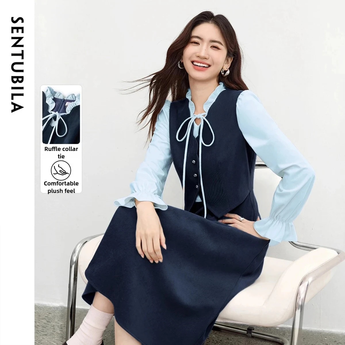 

SENTUBILA Women's Fake Two Pieces Dress 2025 Autumn Ruffled Collar Bubble Sleeves Belted Waist Elegant A-Line Dress 153LA3120