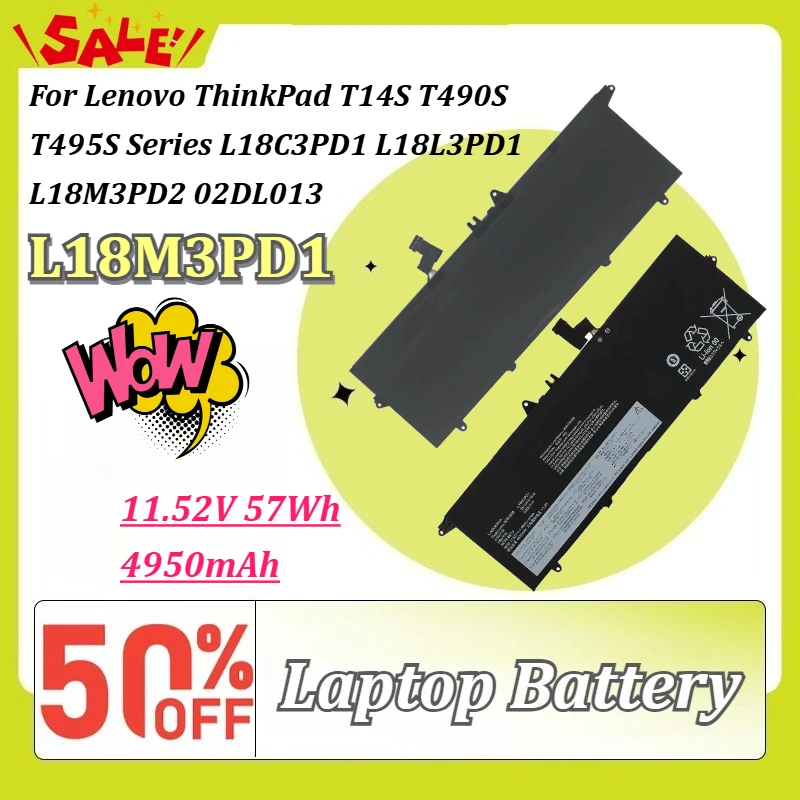 New L18M3PD1 11.52V 57Wh 4950mAh Laptop Battery for Lenovo ThinkPad T14S T490S T495S Series L18C3PD1 L18L3PD1 L18M3PD2 02DL013