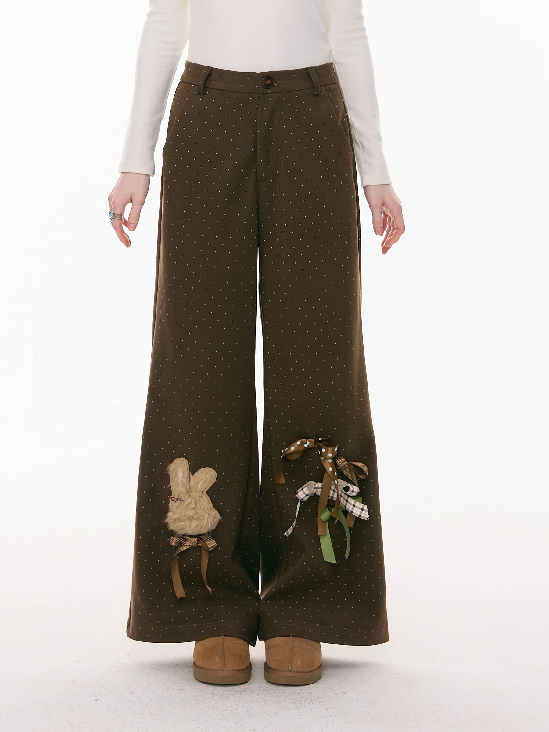 

Женские повседневные брюки ZiziFei с высокой талией, мягкой флисовой подкладкой, дизайном с кроликом, бантом и узором в горошек, винтажные, элегантные