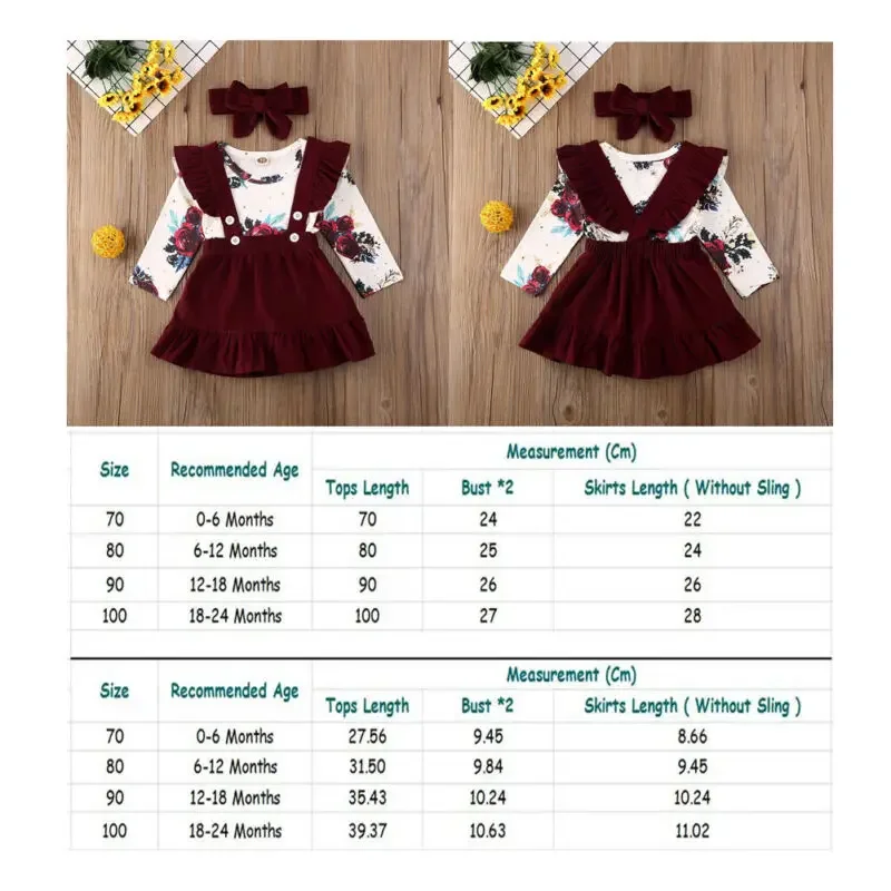 Newborn  Baby Girl Clothes Set Floral Bodysuit Romper Jumpsuit Tops T Shirt  Suspender Skirts Bow Headband Outfit Button 2pcs