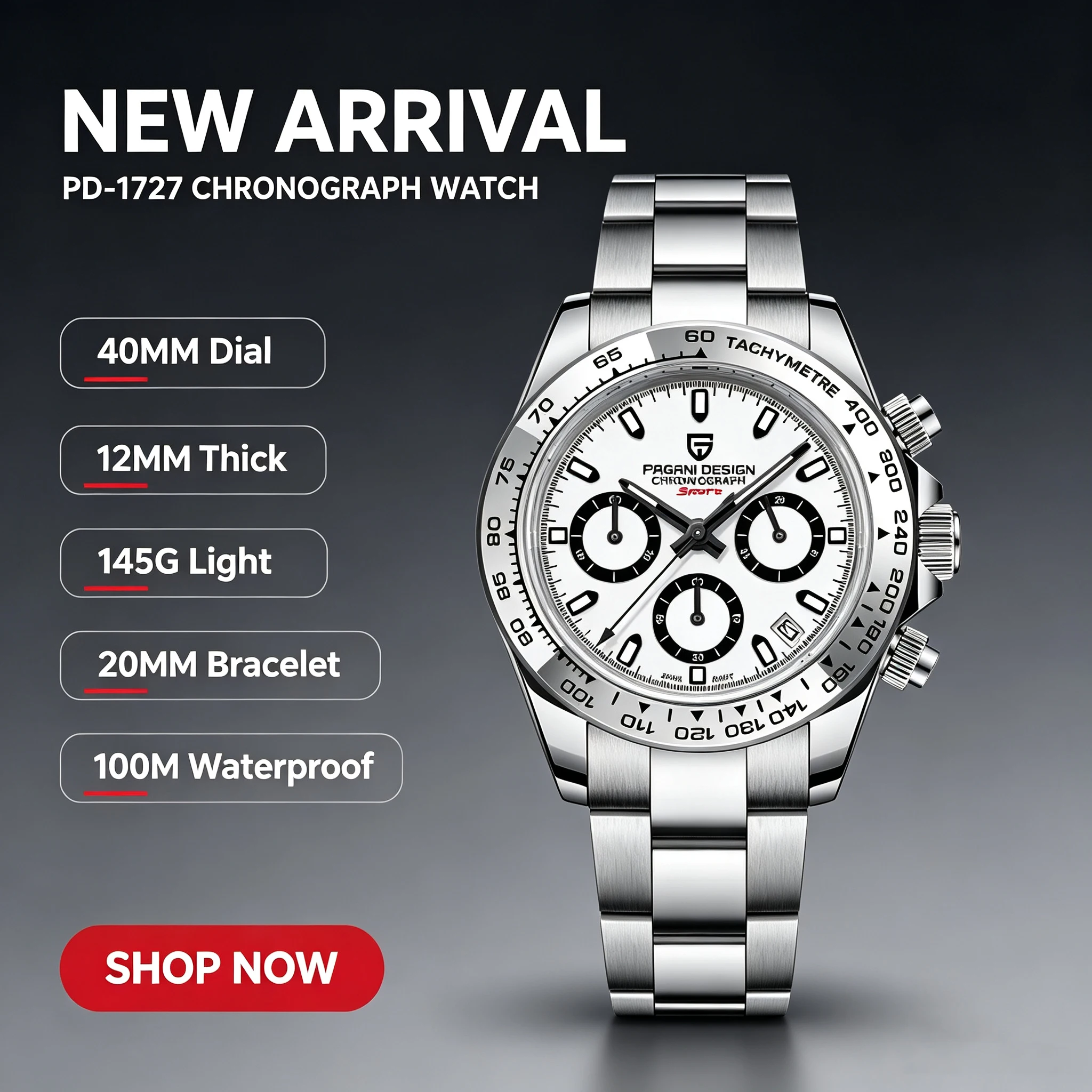 PAGANI DESIGN Herren Quarzuhr Panda-Zifferblatt Japan TMI VK63 Chronograph Saphirglas 100M Wasserdicht Edelstahl 40mm Sportuhr