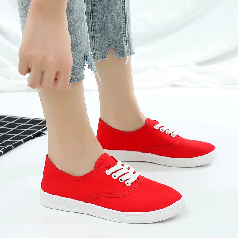 2022 Lace-up Canvas Vulcanized Shoes Korean White Red Student Women Casual Flats Female Loafers Without Heels Women\'s Sneakers