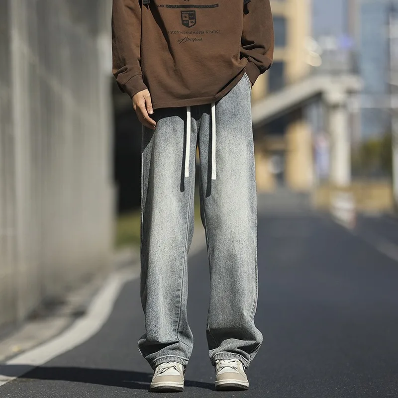 2024 New Jeans Men Korean Style Fashion Versatile Solid Color Loose Straight Drawstring Full Length High Street Denim Pants Male