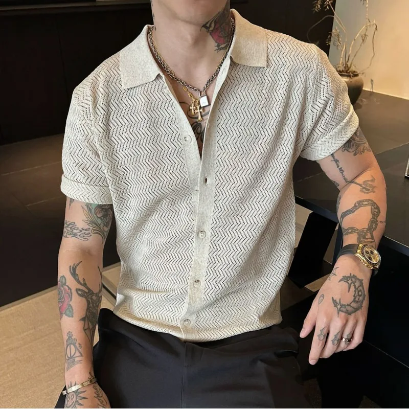Camisetas Polo de Punto Transpirables con Diseño Hueco para Hombre, Camiseta Polo de Manga Corta de Seda Helada para Verano, Estilo Casual, de Negocios y Social