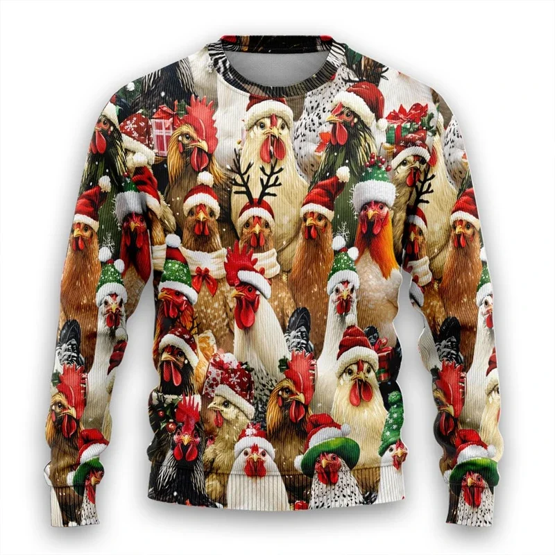 2024 New Chicken Ugly Christmas Sweaters For Men Clothes Funny Rooster Graphic Sweaters Casual Unisex Pullovers Long Sleeve Tops