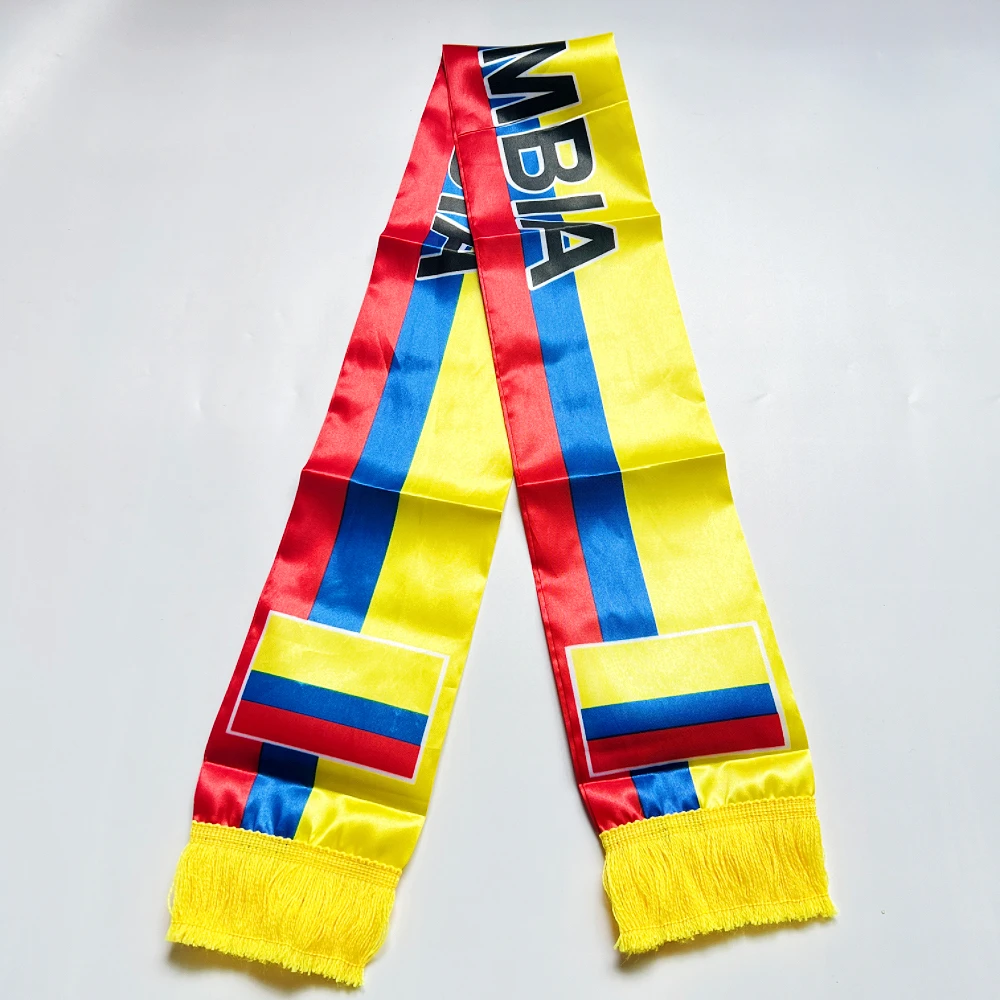 Cachecol Colômbia 2026 14x135cm Estampado Dupla Face em Cetim com Franjas para Futebol, Esportes, Eventos