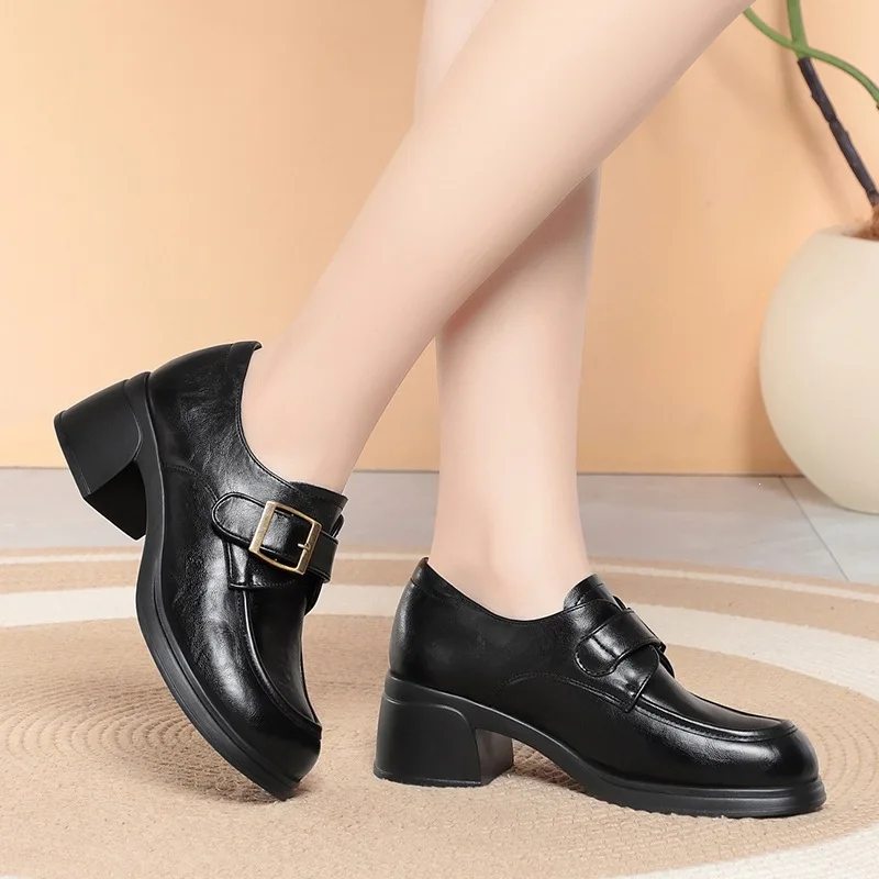 5.5cm Retro Comfortable Thick Plaform Shoes Soft Leather Loafers Women Pumps 2026 Fall Med Block Heel Shoes Buckle for Mom Work