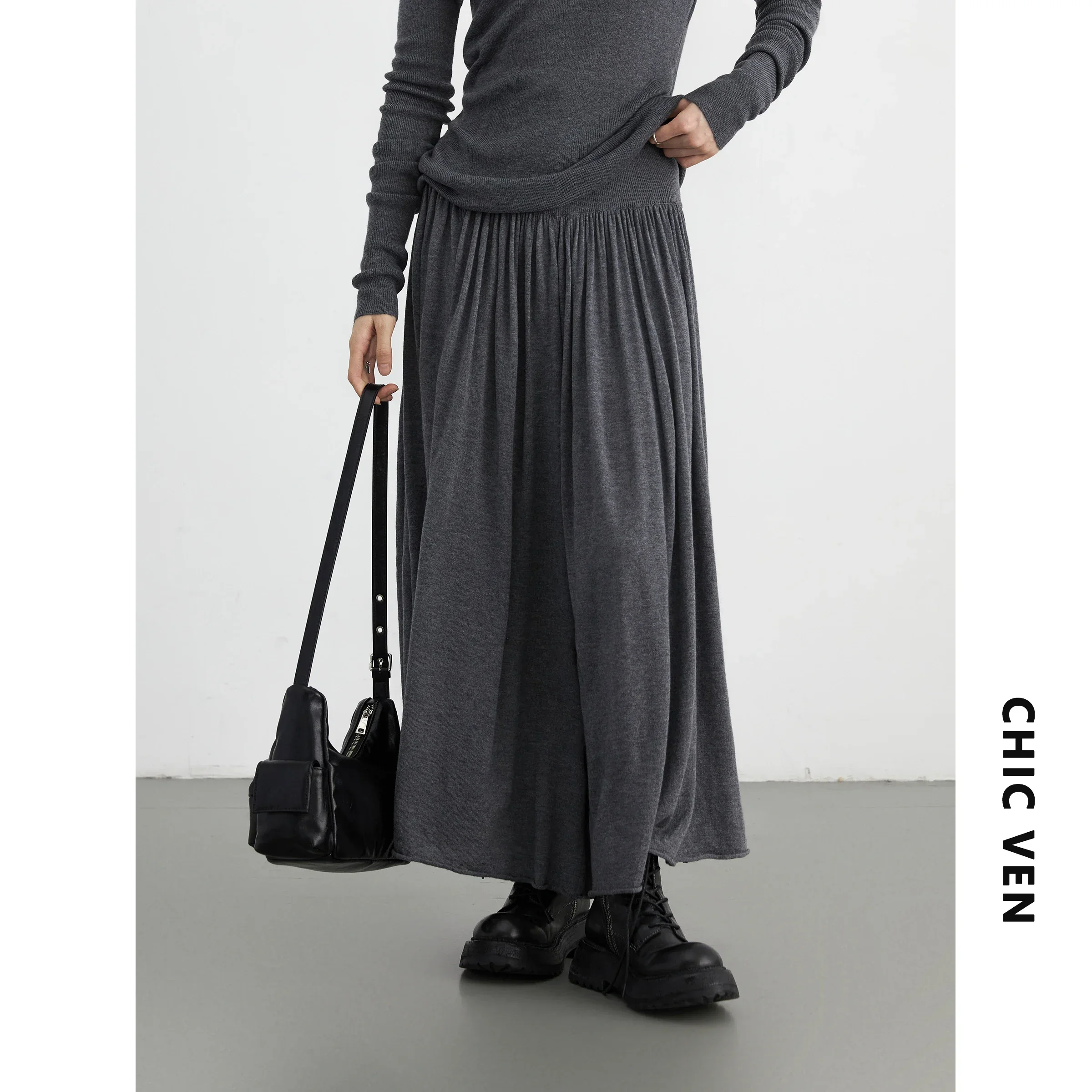 CHIC VEN Women Sweaters Solid Slim Round Neck Female Jumpers Elastic Waist Pleated Woman Skirt Set Spring Autumn 2024