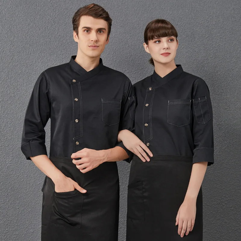 C151 Long Sleeved Chef Clothes Uniform Restaurant Kitchen Chef Coat Work Jacket Cap Apron Professional Uniform Overalls Outfit