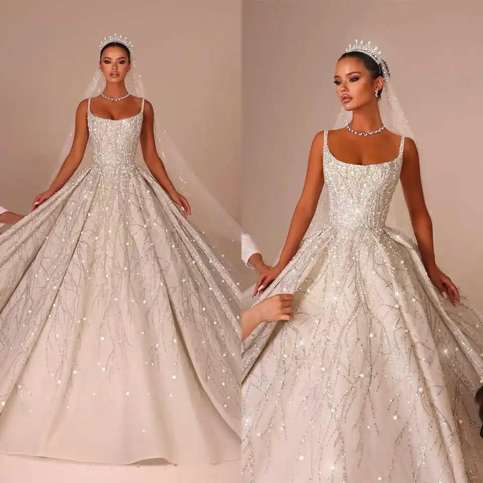 

Graceful Wedding Dresses Ball Gown Spaghetti Strap Appliques Beaded Princess Bride Wedding Dress Customized Vestidos De Novia