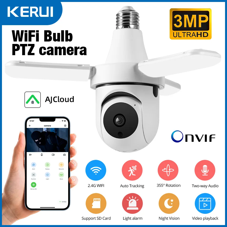 KERUI Bulb Cam 3MP E27 2.4G/5G Wifi Surveillance Camera Night Vision Home Security IP Camera AI Human & Vehicle Detection Onvif