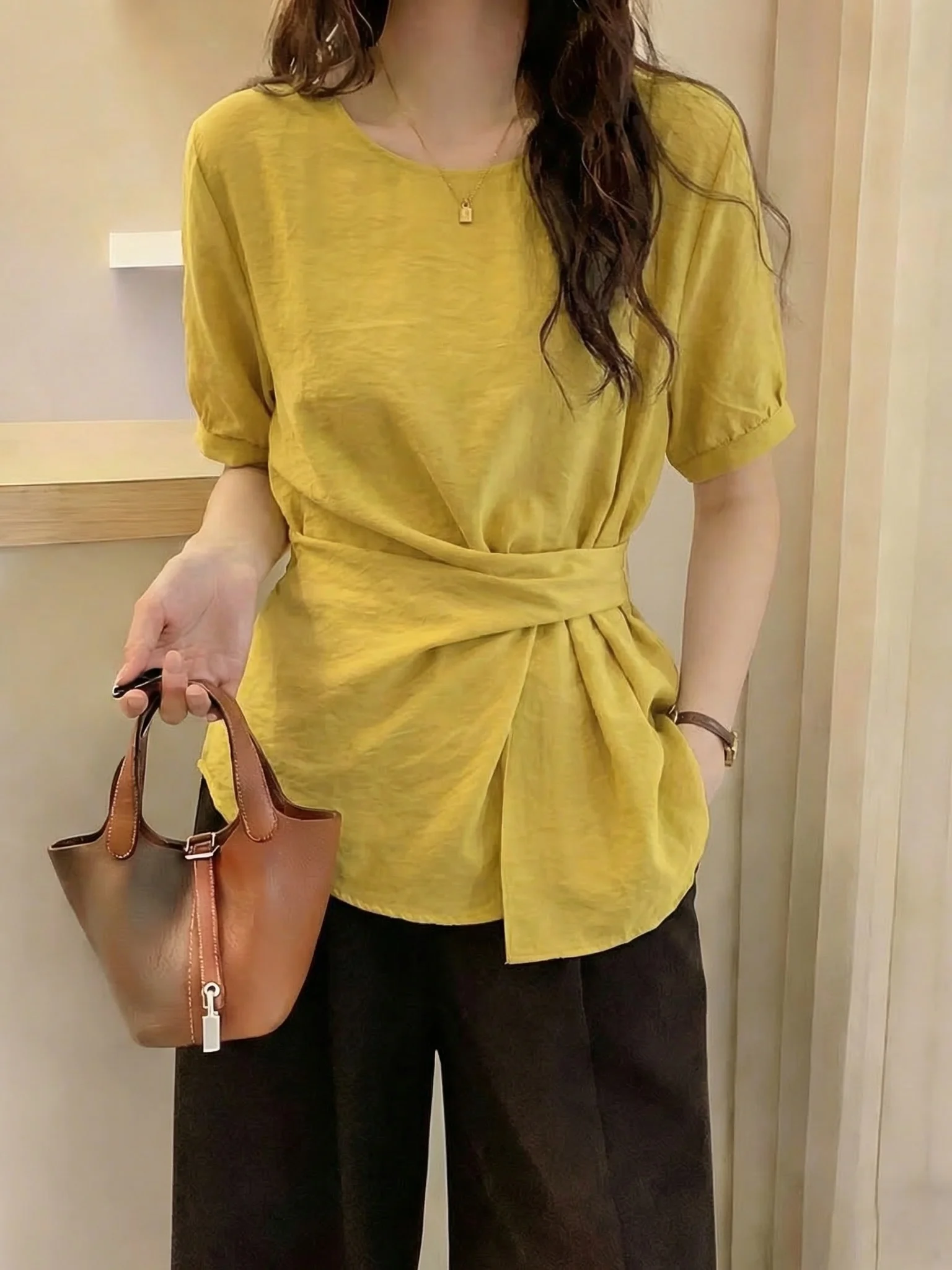

Dopamine Yellow Short Sleeve Shirt Women's Summer New Style Big Size Fat MM Waist Inward Irregular Top Korean Style Bubble Sl...