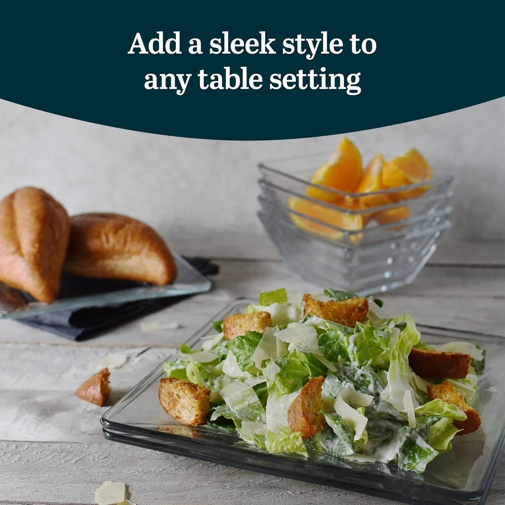 

Набор квадратной стеклянной посуды из 12 предметов для 4 прозрачных штабелируемых тарелок и мисок, прочная посуда без свинца