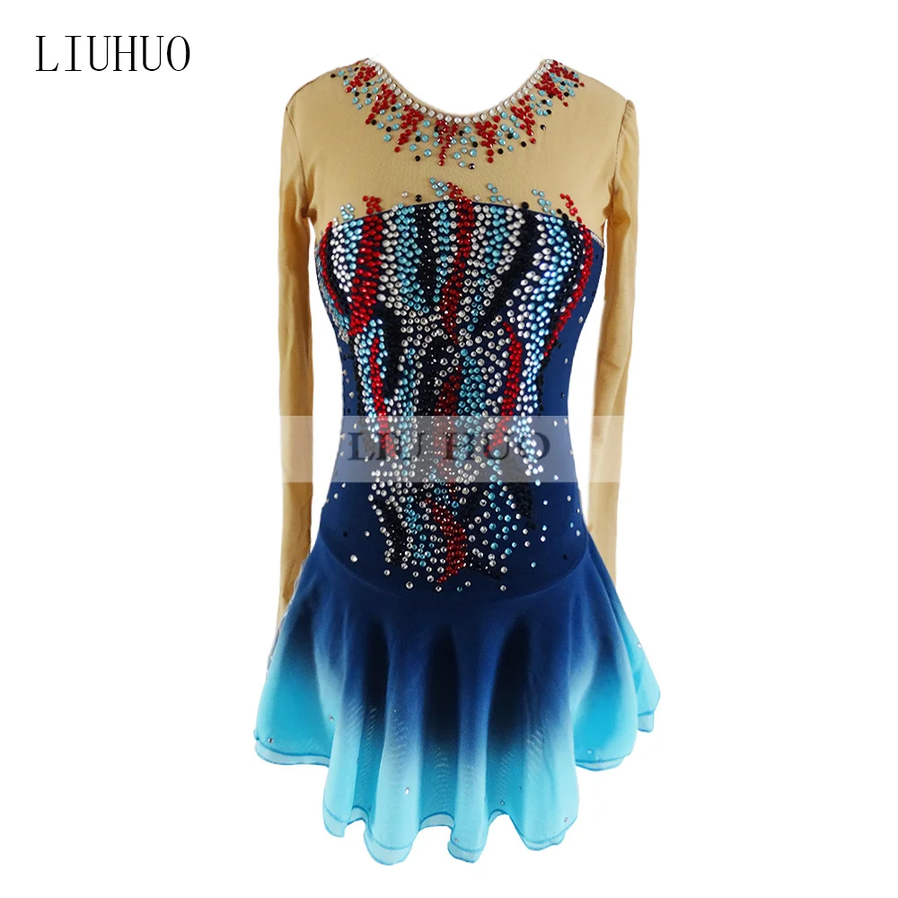 LIUHUO Vestido de patinaje artístico para mujeres y niñas, actuación en hielo, gimnasia, competición, leotardo, disfraz de danza, adolescentes, diamantes de imitación de colores