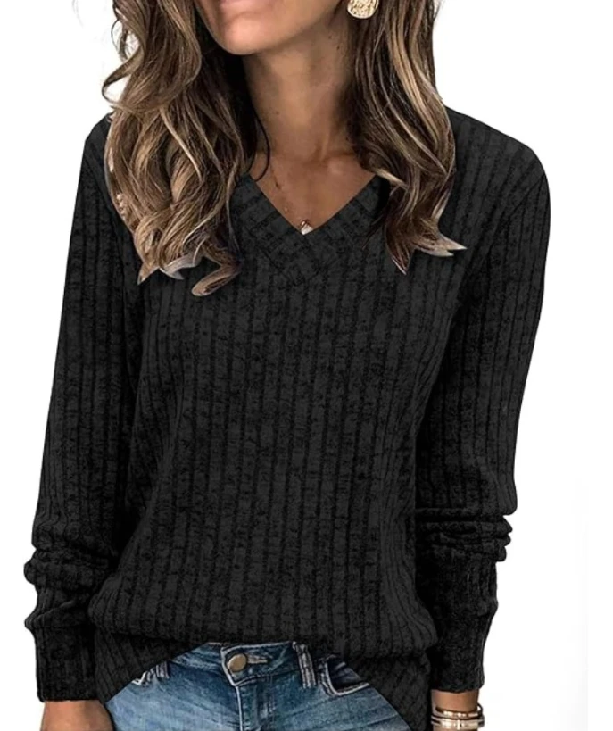 V Neck Long Sleeve Shirts Casual Lightweight Tunic Sweaters 2025 Autumn Winter Spring New Fashion Pullover Tops