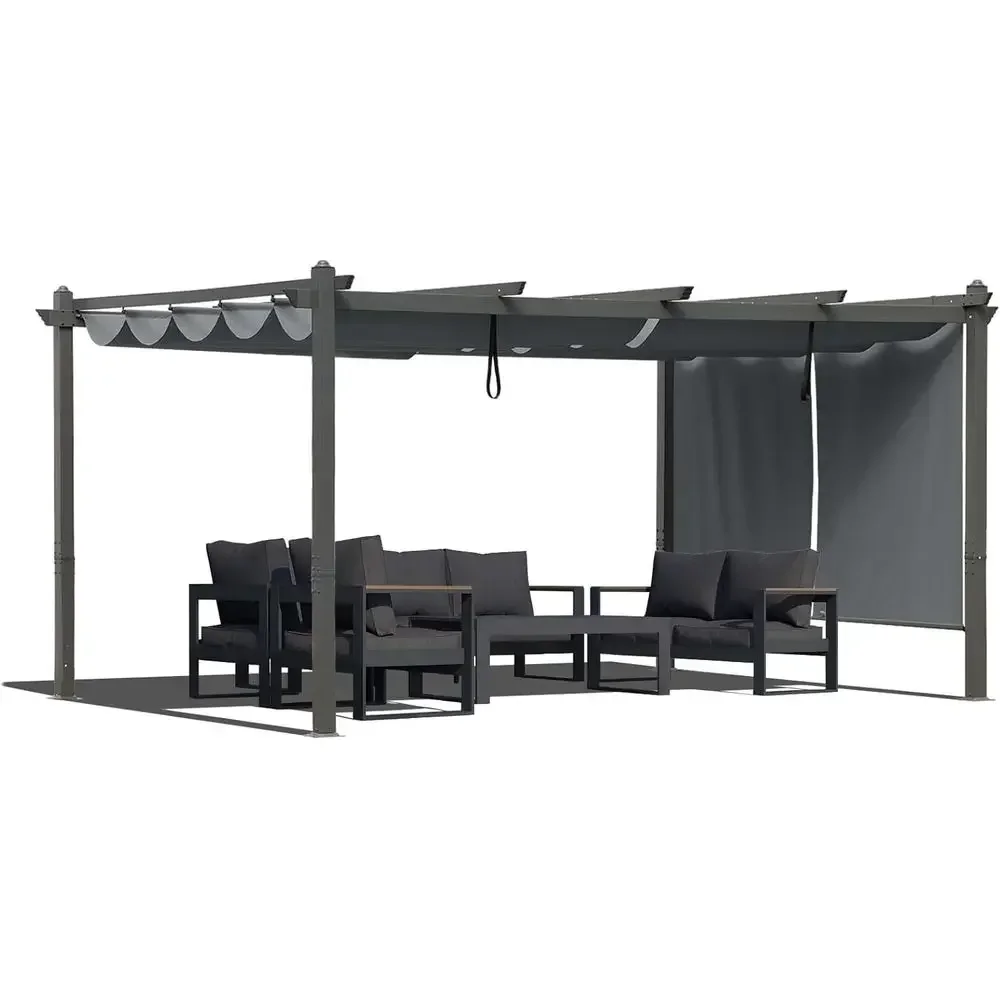 12x16 T Outdoor Pergola - Retractable Shade with e & Roller Shade Curtains or Patio, Backyard, or Deck, Gray