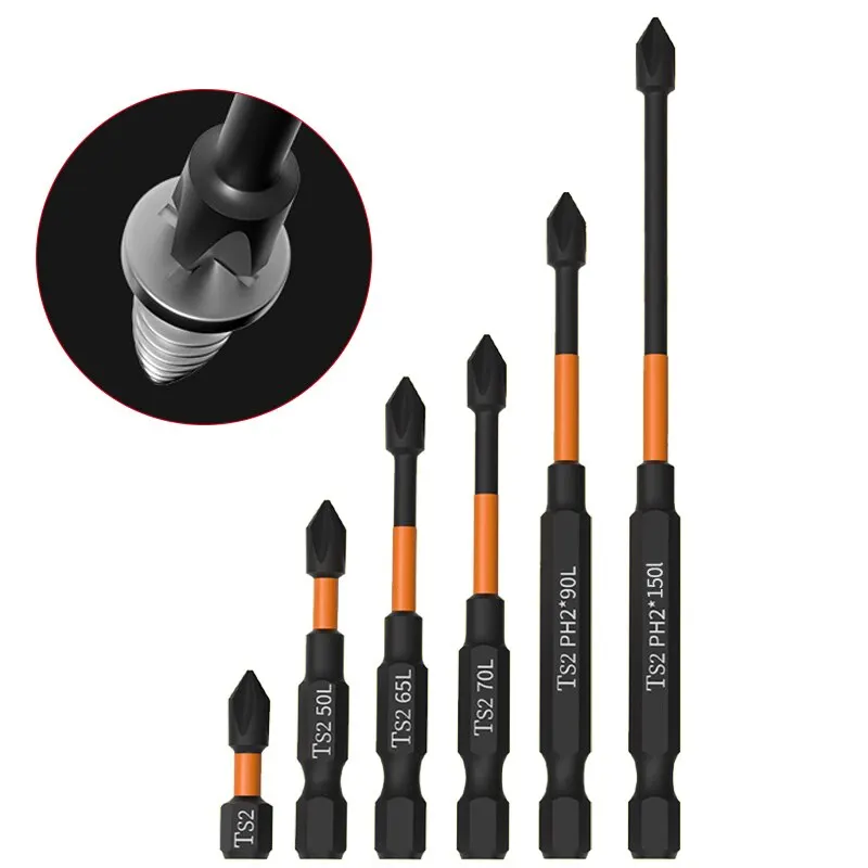 6PCS S2 impact magnetic anti slip cross screwdriver head hand electric drill hexagonal electric screwdriver bit tool set